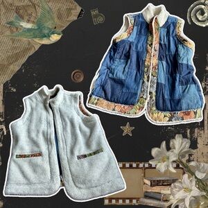 Vintage Upcycled Reversible Patchwork Denim, Floral, and Fleece Zip-Up Vest
